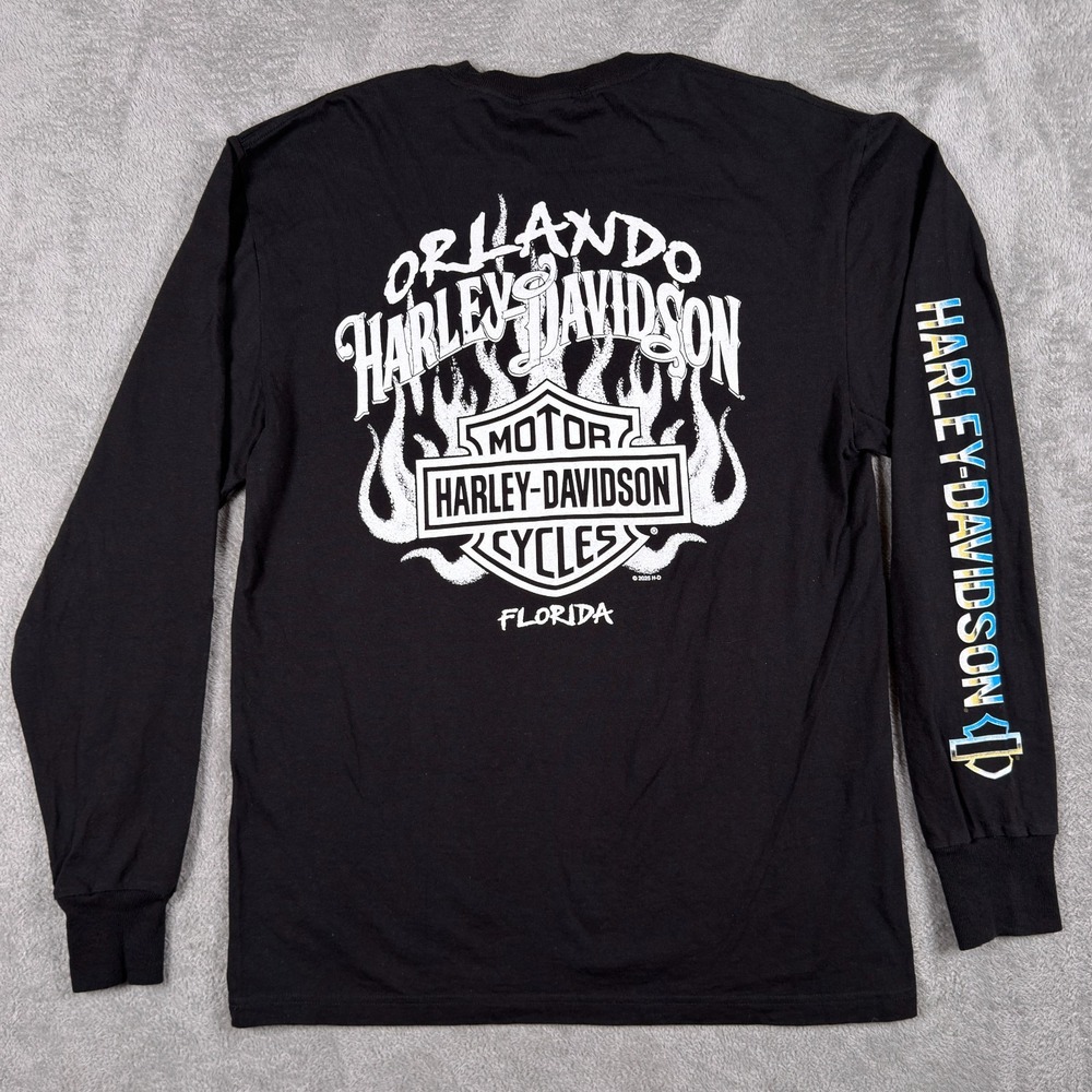 Harley Davidson Shirt Mens Medium Black Orlando Florida Tribal Flame Fire Biker